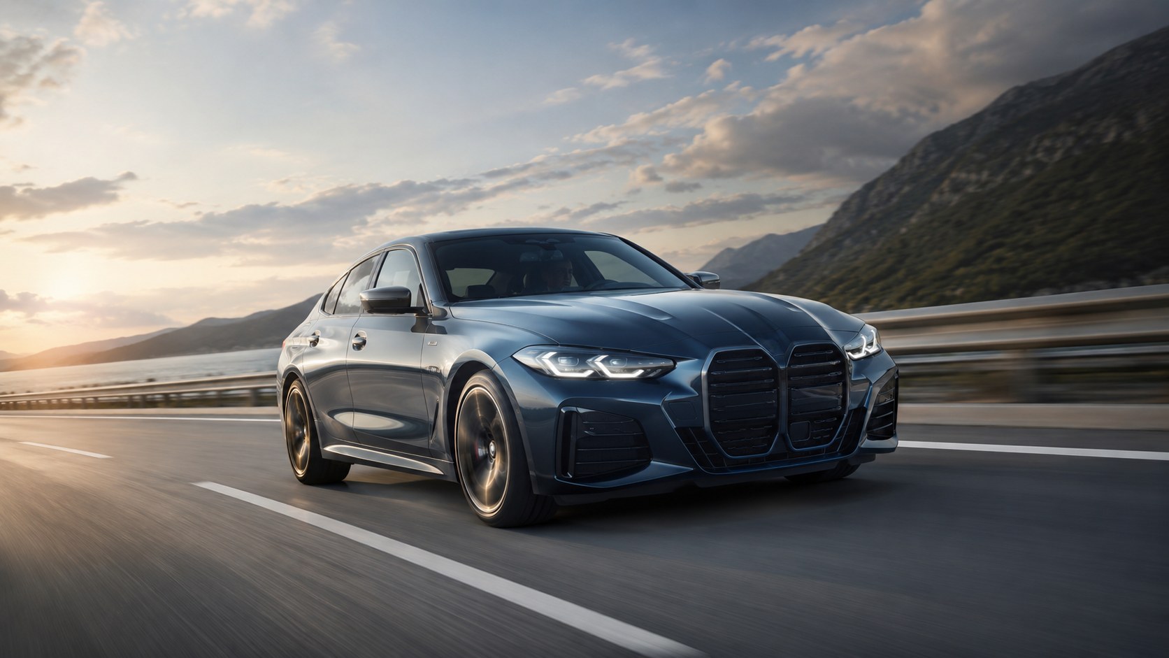Blauer BMW auf Küstenstraße